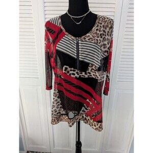 Lynn Ritchie Silver Top Women L Red Multi Animal Print Abstract Artsy Mesh Tunic